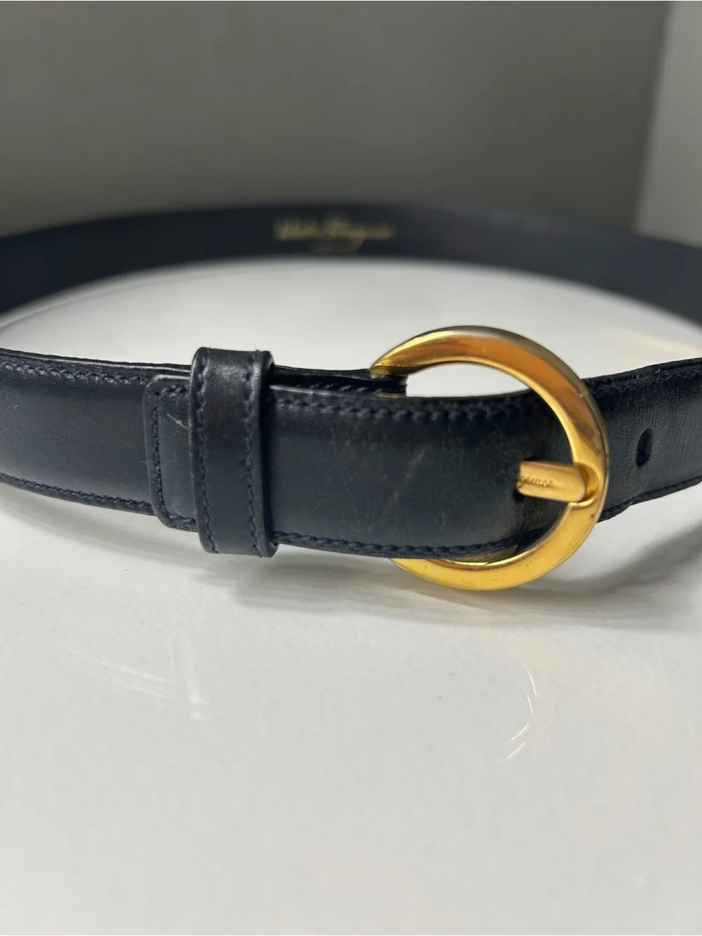 Salvatore Ferragamo Navy Blue Gancini Belt w Gold Buckle 30.5”L